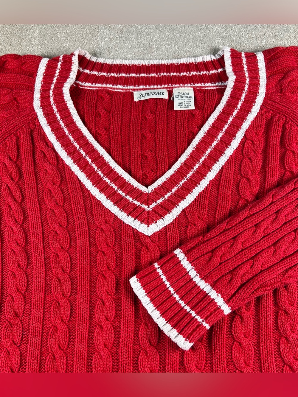 St Johns Bay Sweater Vintage 90s Red V Neck 100% Cotton Pullover Women's XLarge